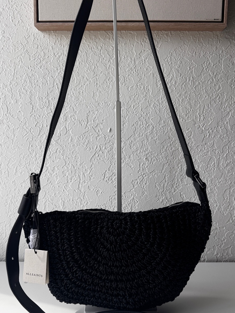All Saints Black Raffia/Woven Crossbody Luna Bag